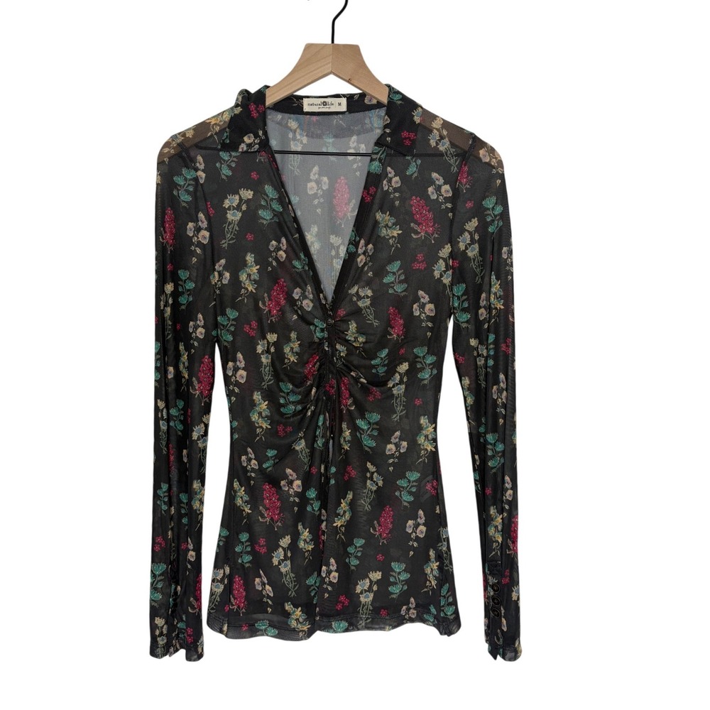 Natural Life Black Floral Mesh Long Sleeve Ruched Button Down Blouse Size Medium